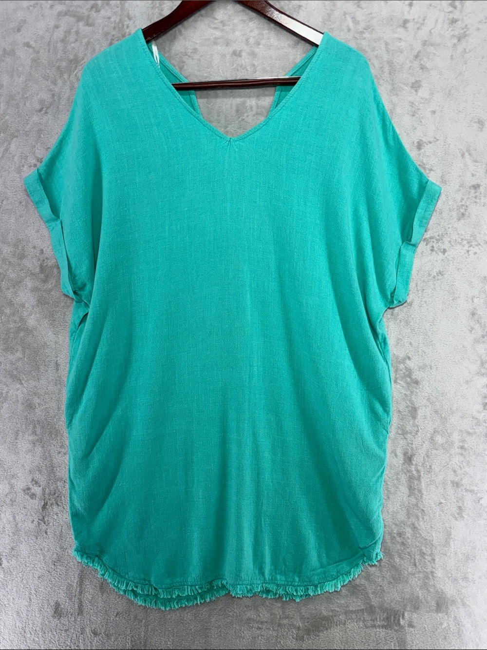 Umgee Linen Blend Tunic Swim Coverup Frayed Hem V Neck Dress w/Pockets Size S